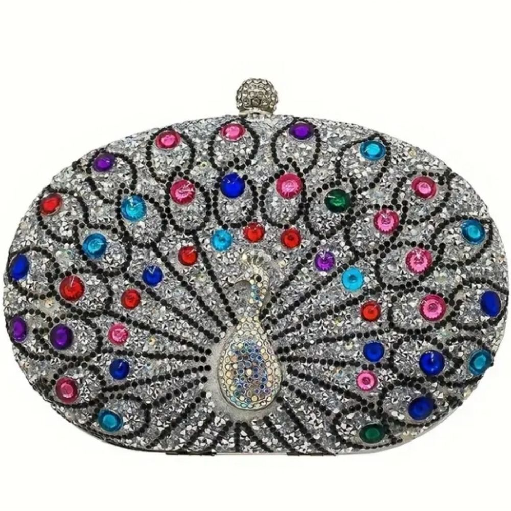 Multicolor Crystal Rhinestone Peacock Evening Clutch Handbag Chain Strap